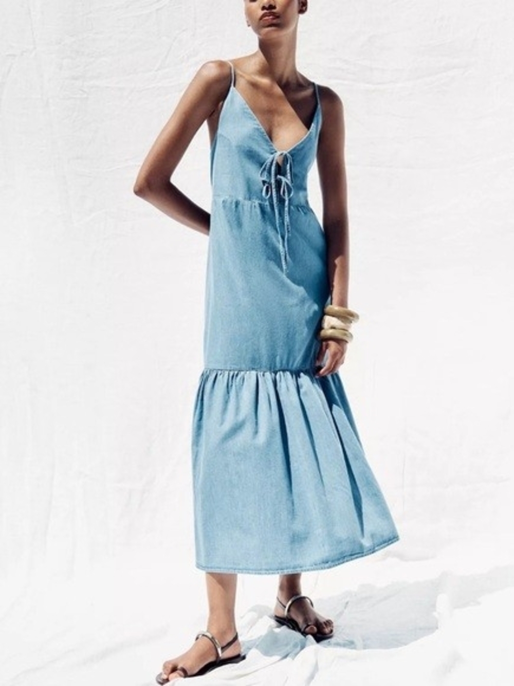Zara Denim Midi Dress  Tier in Blue Medium NWT